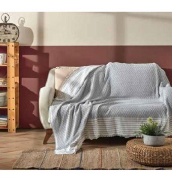 Reyonstore Pamuklu - Polyester Saçaklı Süngersiz Giydirmeli Mavi Üçlü Koltuk Örtüsü 170x210 cm