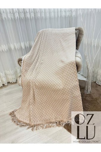 Özlü Home Pamuklu - Polyester Örgü Saçaklı Süngersiz Geometrik Desenli Bej Tekli Koltuk Örtüsü 170x220 cm