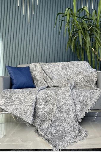Çeyiz Diyarı Pamuklu Kanvas Saçaklı Süngersiz Çizgili Antrasit Üçlü Koltuk Örtüsü 170x220 cm
