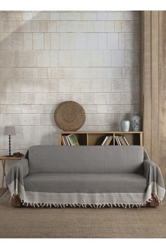 Lux Touch Pamuklu Püsküllü Süngersiz Geometrik Desenli Kahverengi Tekli Koltuk Örtüsü 180x300 cm