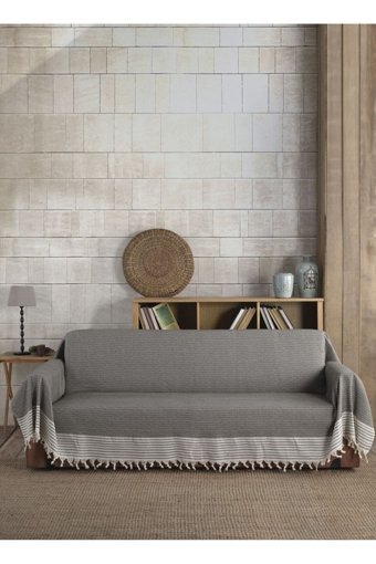 Lux Touch Pamuklu Püsküllü Süngersiz Geometrik Desenli Kahverengi Tekli Koltuk Örtüsü 180x300 cm