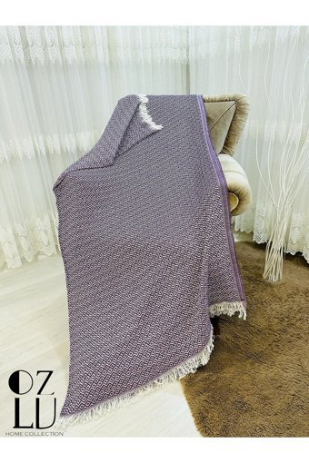 Özlü Home Seraser Pamuklu - Polyester Örgü Saçaklı Süngersiz Çizgili Mor Tekli Koltuk Örtüsü 170x210 cm