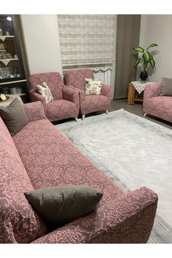 Uyumev Pamuklu - Polyester Bürümcük-Likralı Süngerli Çiçek Desenli Giydirmeli Pembe Dörtlü Koltuk Örtüsü 180x230 cm