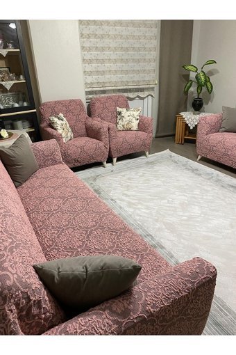 Uyumev Pamuklu - Polyester Bürümcük-Likralı Süngerli Çiçek Desenli Giydirmeli Pembe Dörtlü Koltuk Örtüsü 180x230 cm