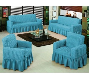 Nusret Pamuklu - Polyester Bürümcük Fırfırlı Süngersiz Çiçek Desenli Giydirmeli Turkuaz Dörtlü Koltuk Örtüsü 180x230 cm