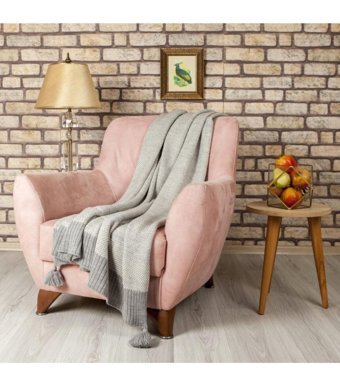 Betires Home Akrilik-Pamuklu Ponponlu Süngersiz Gri Tekli Koltuk Örtüsü 130x170 cm