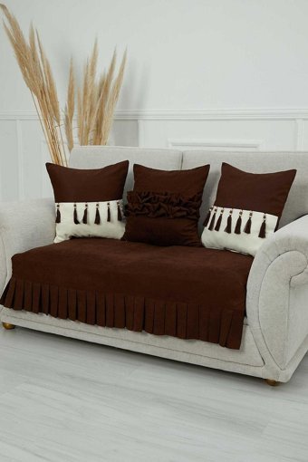 Aisha's Design KO-28 Polyester Örgü Pileli Süngersiz Düz Kahverengi İkili Koltuk Örtüsü 34x48 cm