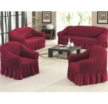Nera Home Pamuklu - Polyester Bürümcük Fırfırlı Süngersiz Geometrik Desenli Giydirmeli Bordo Dörtlü Koltuk Örtüsü 100x100 cm