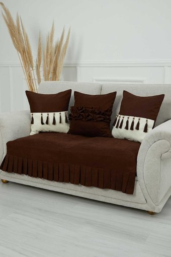 Aisha's Design KO-28 Polyester Örgü Pileli Süngersiz Düz Kahverengi İkili Koltuk Örtüsü 34x48 cm