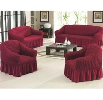 Nera Home Pamuklu - Polyester Bürümcük Fırfırlı Süngersiz Geometrik Desenli Giydirmeli Bordo Dörtlü Koltuk Örtüsü 100x100 cm