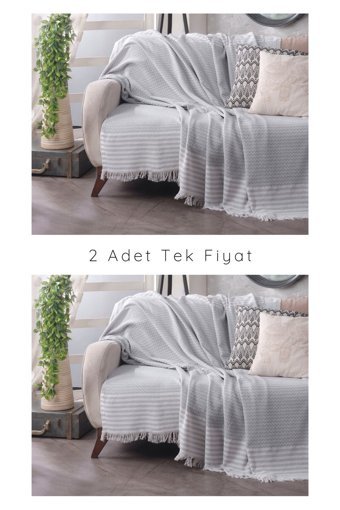 Lux Touch Olimpos Pamuklu Püsküllü Süngersiz Geometrik Desenli Gri Tekli Koltuk Örtüsü 180x200 cm