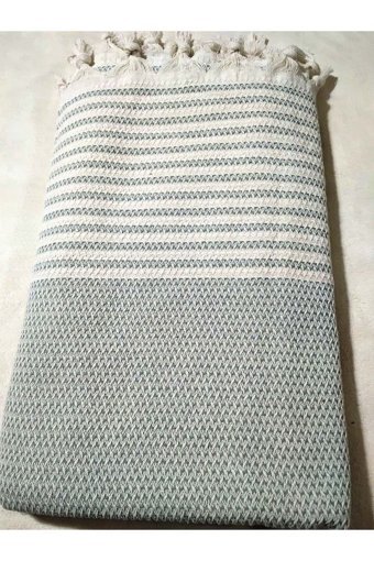 Mandaş Pamuklu Püsküllü Süngersiz Çizgili Yeşil Tekli Koltuk Örtüsü 180x220 cm