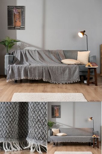 Nash Shoes Natural Pamuklu Jakarlı Süngersiz Geometrik Desenli Siyah Tekli Koltuk Örtüsü 170x210 cm