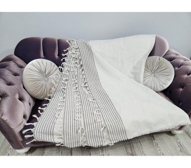 Mania Pamuklu Püsküllü Süngersiz Çizgili Bej Tekli Koltuk Örtüsü 180x300 cm