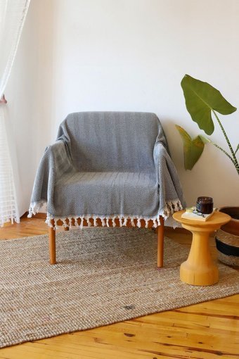Koza Home Pamuklu Saçaklı Süngersiz Çizgili Siyah Tekli Koltuk Örtüsü 150x170 cm