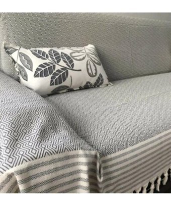 Coperta Pamuklu Kanvas Püsküllü Süngersiz Armürlü Gri Üçlü Koltuk Örtüsü 160x300 cm