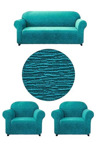 Uytm Likralı Jakarlı Süngerli Çizgili Giydirmeli Yeşil Üçlü Koltuk Örtüsü 180x230 cm