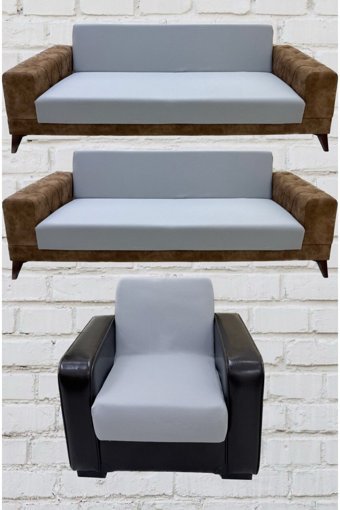 Şahane Ev Mikro Polyester Likralı Jakarlı Süngersiz Düz Giydirmeli Lastikli Gri Üçlü Koltuk Örtüsü 75x55 cm