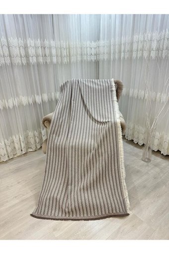 Özlü Home Pamuklu Örgü Saçaklı Süngersiz Çizgili Kahverengi Tekli Koltuk Örtüsü 170x210 cm