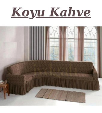 Iydgah Polyester Likralı Jakarlı Süngersiz Damask Desenli Giydirmeli Kahverengi L Koltuk Koltuk Örtüsü 300x390 cm