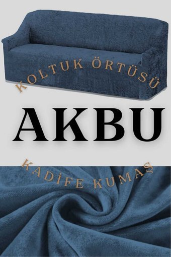 Akbu Kadife Süngersiz Düz Giydirmeli Lastikli Mavi Dörtlü Koltuk Örtüsü 180x220 cm