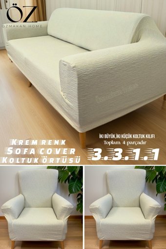 Özmakan Pamuklu - Polyester Likralı Jakarlı Süngersiz Çizgili Giydirmeli Bej Üçlü Koltuk Örtüsü 185x220 cm