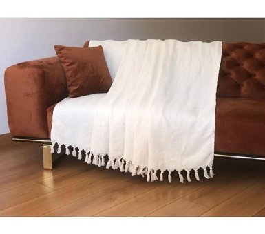 Koza Home Pamuklu Saçaklı Süngersiz Çizgili Ekru Tekli Koltuk Örtüsü 180x215 cm
