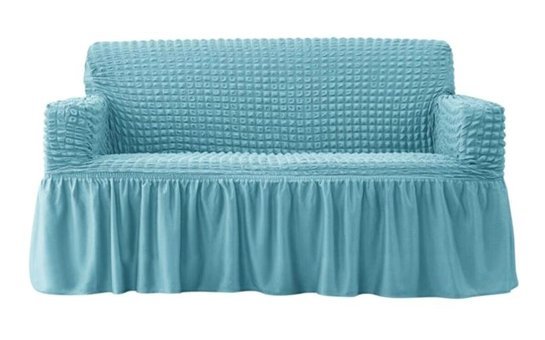 Heytgah Polyester Bürümcük-Likralı Fırfırlı Süngersiz Kapitone Giydirmeli Turkuaz Üçlü Koltuk Örtüsü 180x225 cm