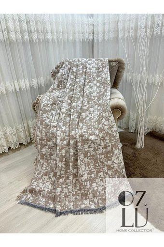 Özlü Home Pamuklu - Polyester Örgü Saçaklı Süngersiz Çizgili Kahverengi Tekli Koltuk Örtüsü 170x220 cm