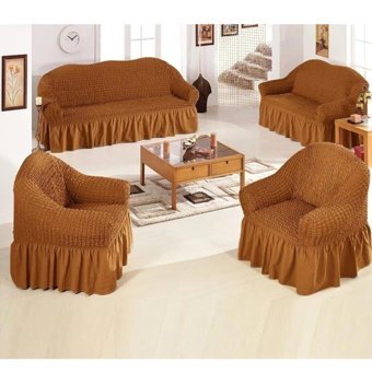 Nurlan Pamuklu - Polyester Bürümcük Fırfırlı Süngersiz Kareli Giydirmeli Mavi Dörtlü Koltuk Örtüsü 180x230 cm