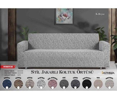 Altınkoza Pamuklu Saten Jakarlı Süngersiz Çizgili Giydirmeli Lastikli Beyaz Tekli Koltuk Örtüsü 180x300 cm