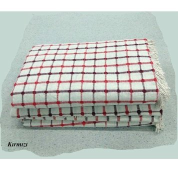 Buldan Pamuklu Kanvas Saçaklı Süngersiz Ekoseli Kırmızı Üçlü Koltuk Örtüsü 180x300 cm