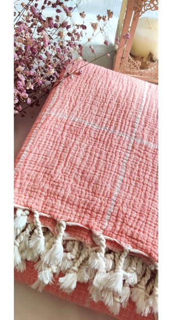 A.Z.H. Pamuklu Süngersiz Çizgili Pembe Tekli Koltuk Örtüsü 90x180 cm