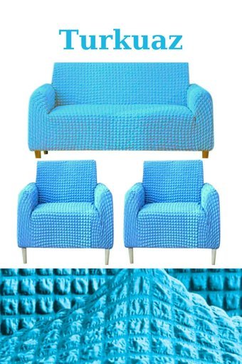 Uytm Polyester Bürümcük-Likralı Süngerli Çizgili Giydirmeli Turkuaz Üçlü Koltuk Örtüsü 180x230 cm