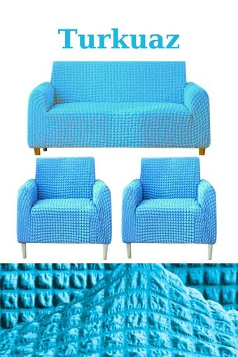 Uytm Polyester Bürümcük-Likralı Süngerli Çizgili Giydirmeli Turkuaz Üçlü Koltuk Örtüsü 180x230 cm