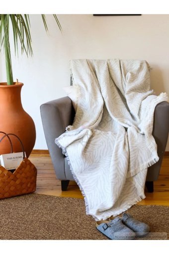 Xamantha Pamuklu Polar Saçaklı Süngersiz Çizgili Gri Tekli Koltuk Örtüsü 160x210 cm