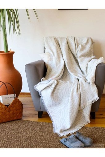 Xamantha Pamuklu Polar Saçaklı Süngersiz Çizgili Gri Tekli Koltuk Örtüsü 160x210 cm