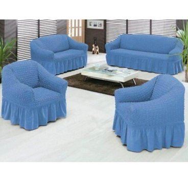 Nusret Pamuklu - Polyester Bürümcük Fırfırlı Süngersiz Kareli Giydirmeli Mavi Dörtlü Koltuk Örtüsü 180x230 cm