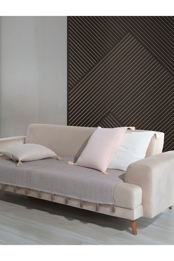Lux Touch Lavi Pamuklu Ponponlu-Püsküllü Süngersiz Geometrik Desenli Kahverengi Tekli Koltuk Örtüsü 115x201 cm