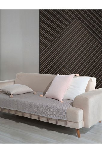 Lux Touch Lavi Pamuklu Ponponlu-Püsküllü Süngersiz Geometrik Desenli Kahverengi Tekli Koltuk Örtüsü 115x201 cm