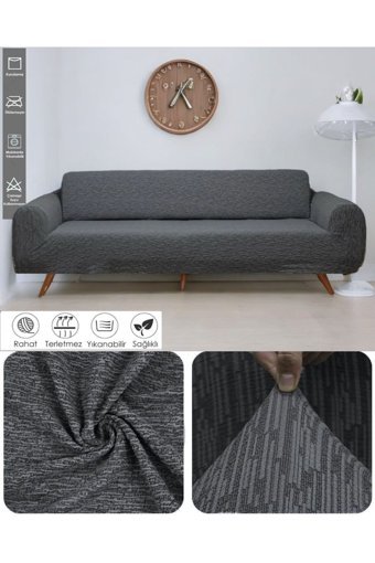 Seltenet Likralı Jakarlı Süngersiz Çizgili Giydirmeli Su Geçirmez Gri Tekli Koltuk Örtüsü 180x230 cm