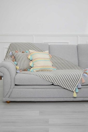 Aisha's Design Pamuklu Püsküllü Süngersiz Çizgili Tekli Koltuk Örtüsü 90x170 cm