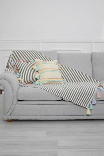 Aisha's Design Pamuklu Püsküllü Süngersiz Çizgili Tekli Koltuk Örtüsü 90x170 cm