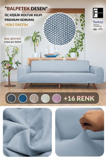 Faiend Polyester Jakarlı Süngersiz Petek Desenli Giydirmeli Gri Üçlü Koltuk Örtüsü 180x230 cm