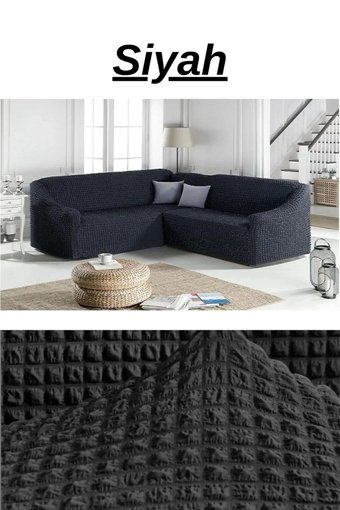 E Bahar Polyester Bürümcük Jakarlı Süngersiz Armürlü Giydirmeli Siyah Dörtlü Koltuk Örtüsü 180x230 cm