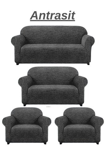 Heytgah Likralı Jakarlı Süngersiz Damask Desenli Giydirmeli Gri 3-2-1-1 Koltuk Örtüsü 180x230 cm