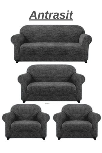 Heytgah Likralı Jakarlı Süngersiz Damask Desenli Giydirmeli Gri 3-2-1-1 Koltuk Örtüsü 180x230 cm