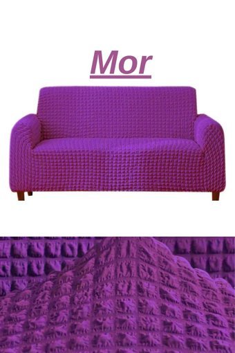 Ensari Karaoğlu Pamuklu - Polyester Bürümcük Jakarlı Süngersiz Armürlü Giydirmeli Mor Üçlü Koltuk Örtüsü 180x230 cm