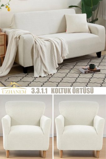 Uzhanem Pamuklu - Polyester Likralı Süngerli Armürlü Giydirmeli Bej Tekli Koltuk Örtüsü 180x230 cm