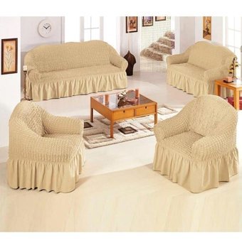 Hanemce Pamuklu - Polyester Bürümcük Fırfırlı Süngersiz Kapitone Giydirmeli Bej 3-3-2-2 Koltuk Örtüsü 180x230 cm